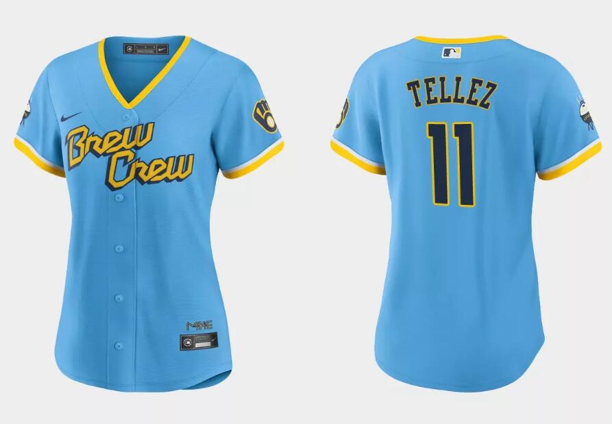 Women's Powder Blue Milwaukee Brewers #11 Rowdy Tellez 2022 City Connect Cool Base Stitched Jersey(Run Small)
